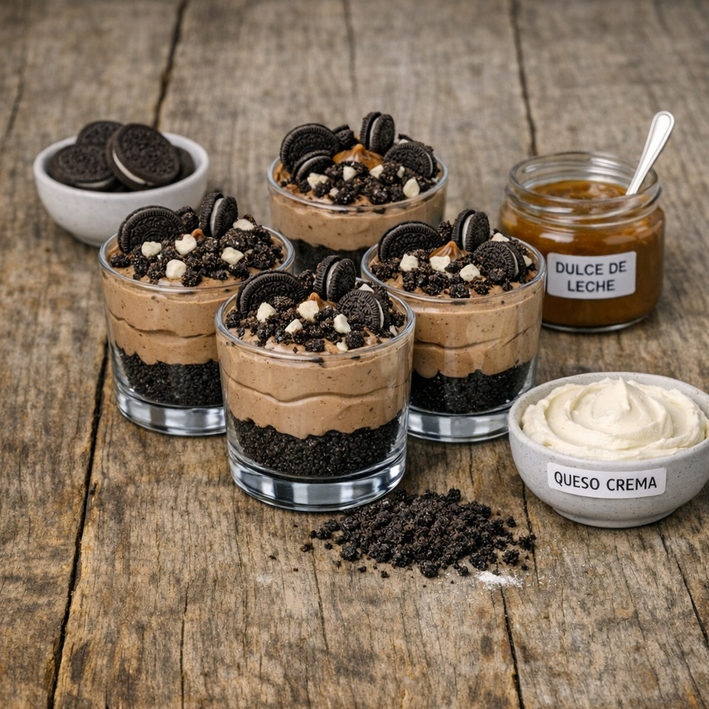 VASITOS DE TARTA DE QUESO CON DULCE DE LECHE Y OREO